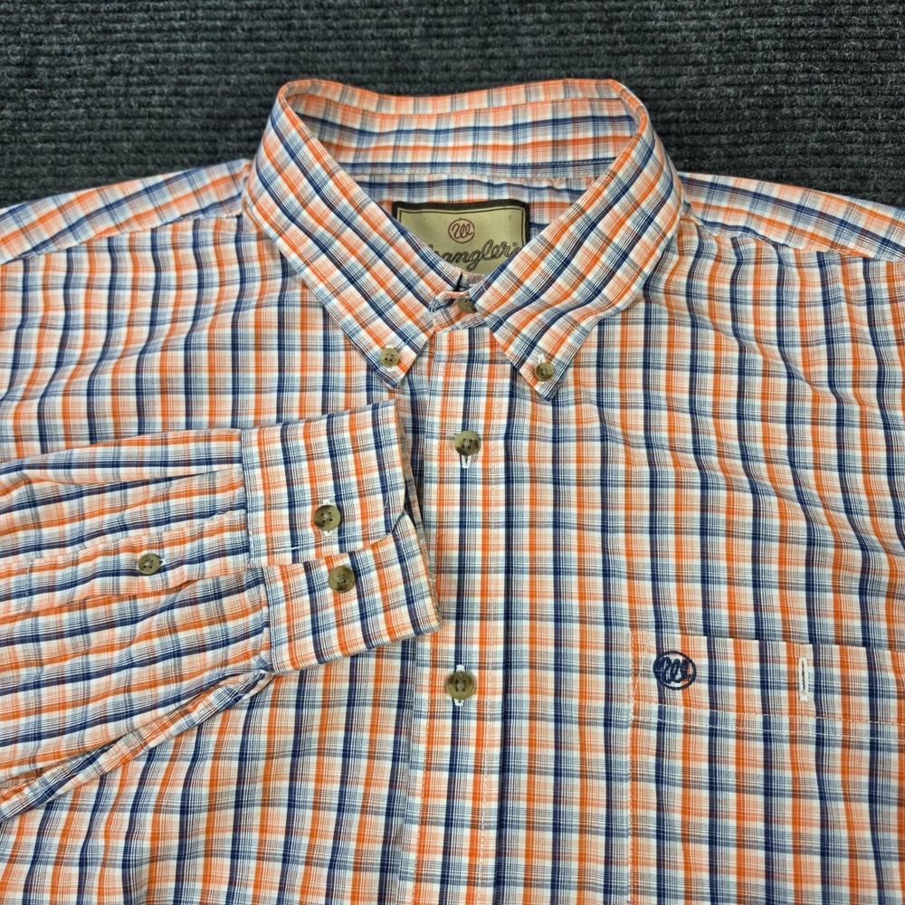 Wrangler Button Down Shirt Mens XL Orange Blue Plaid‎ Excellent L/Sleeve Pocket